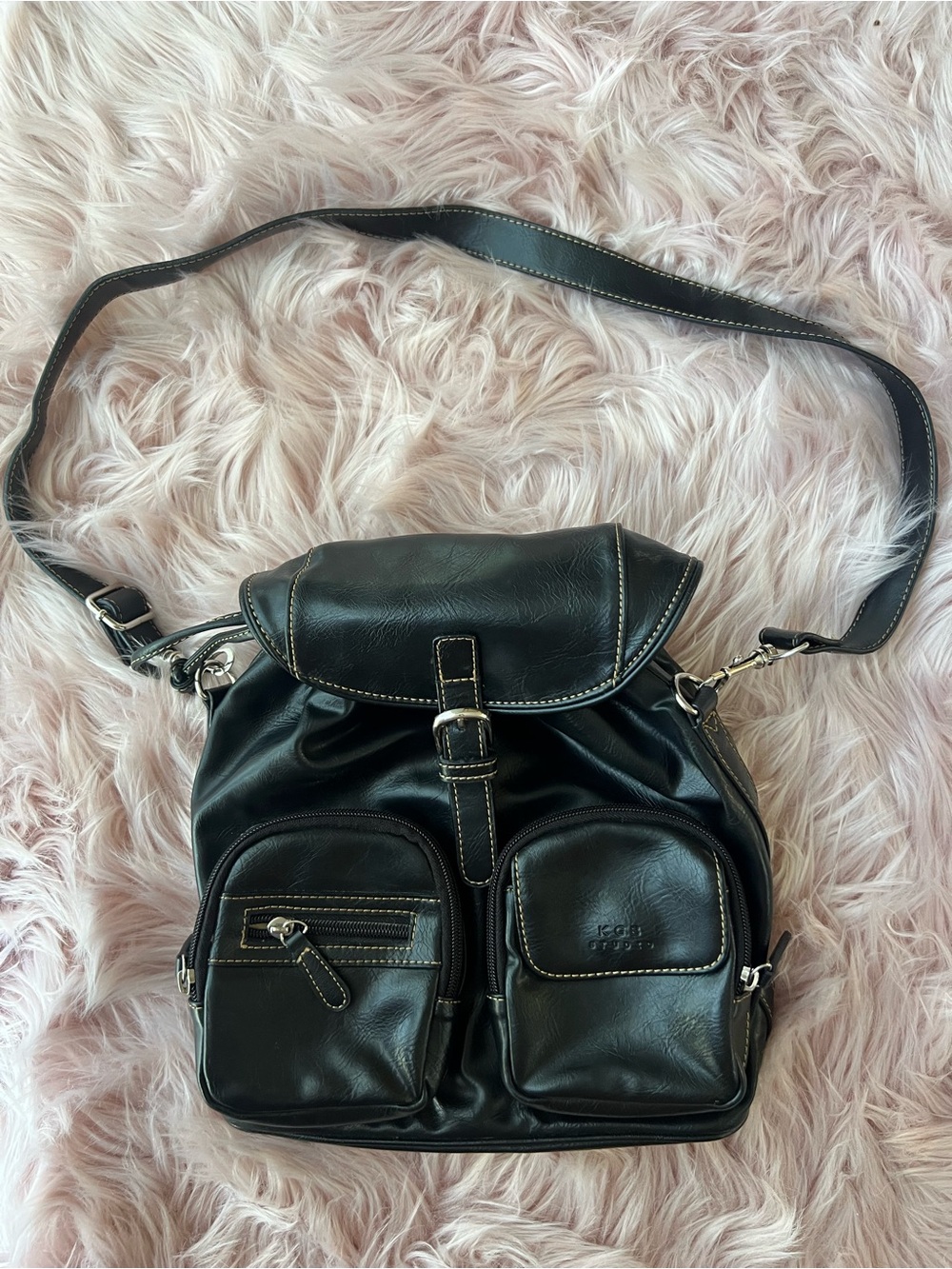 Black Faux Leather Crossbody Backpack Bag